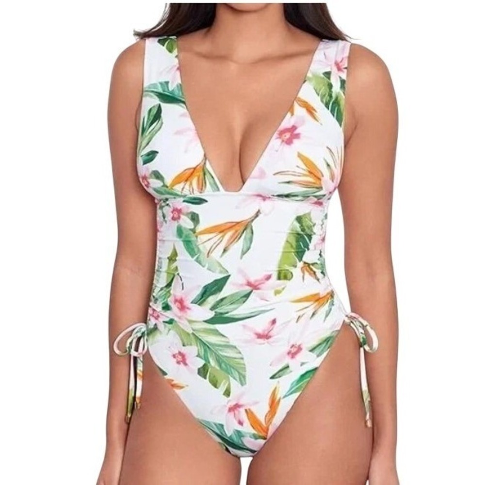 Lauren Ralph Lauren Womens‎ Size 14 White Swimsuit Pink Waterlily One Piece Swim